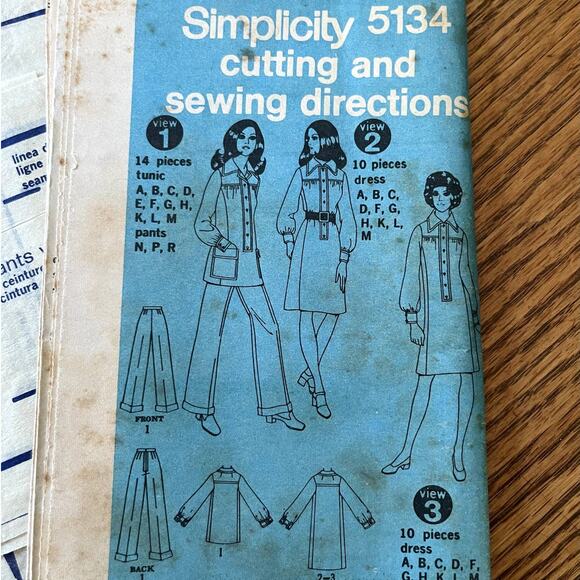 Vintage 1970s Simplicity 5134 Sewing Pattern Size S 12 Dress Tunic Pant COMPLETE - Picture 3 of 3